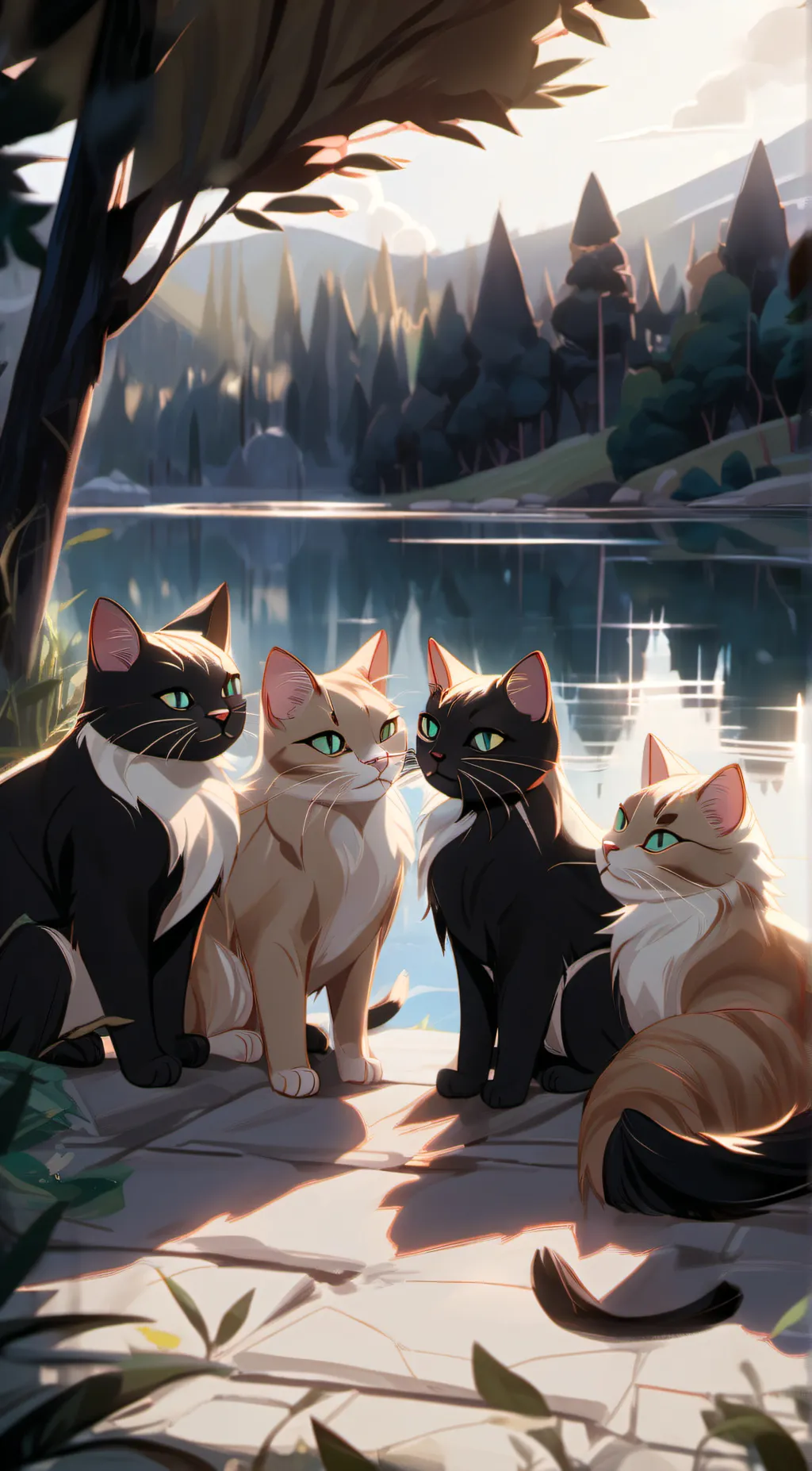 ai character: Four cats. background