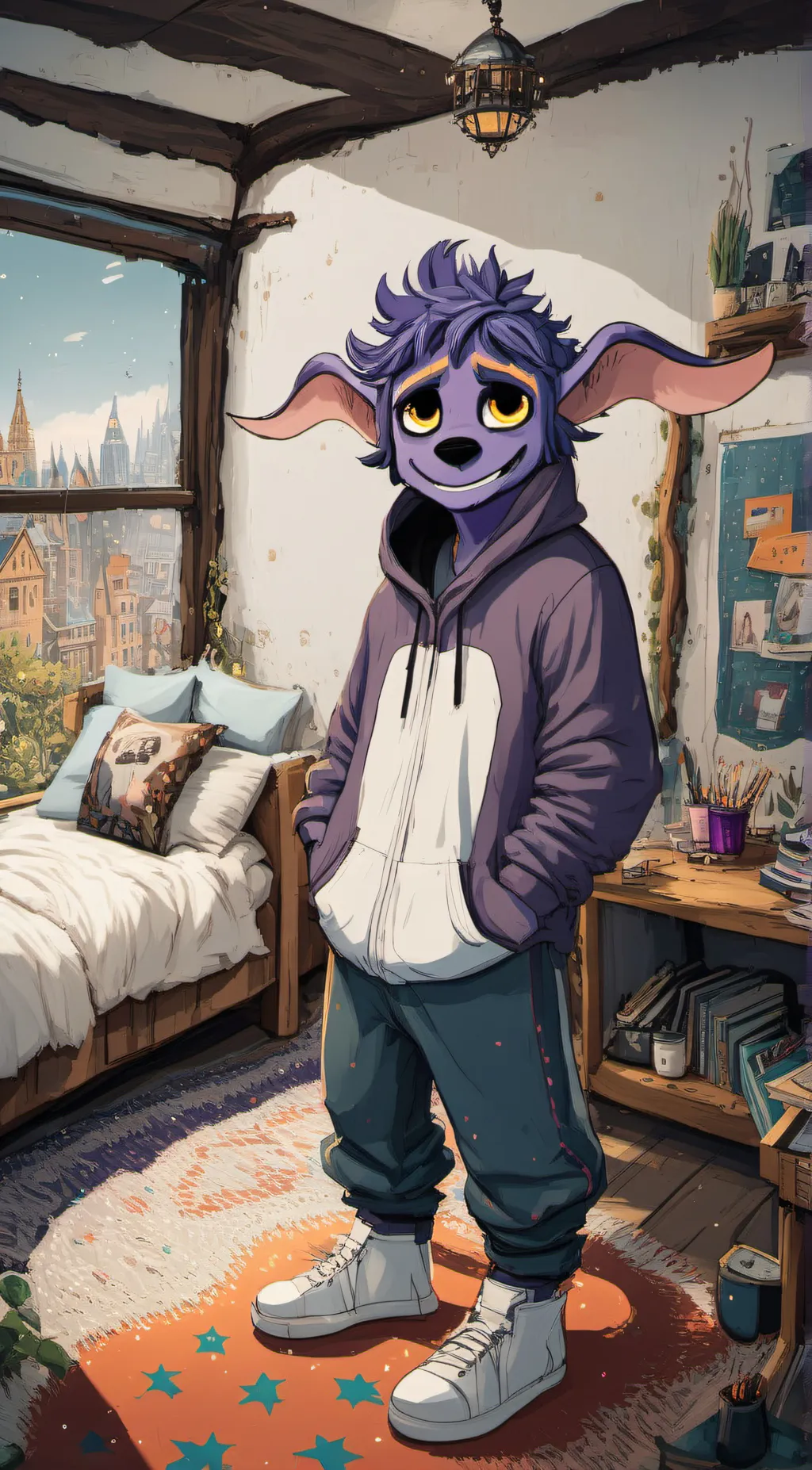 ai character: jax(with onsie)  background