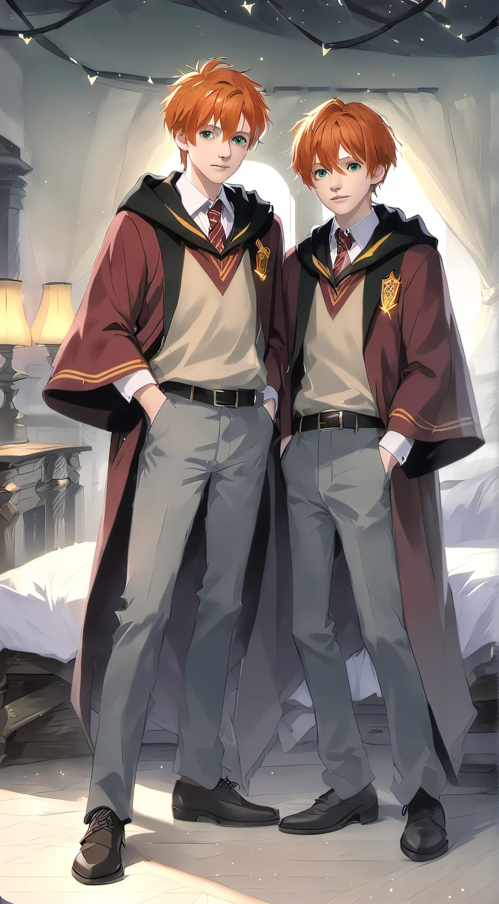 ai character: Fred and George.W background