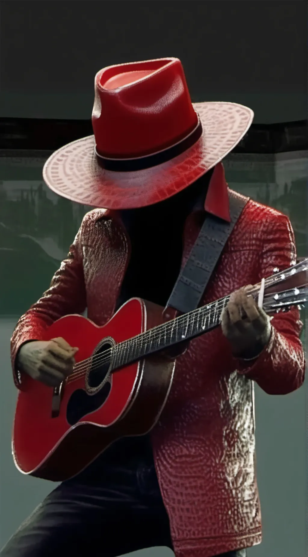 ai character: Red Leather background