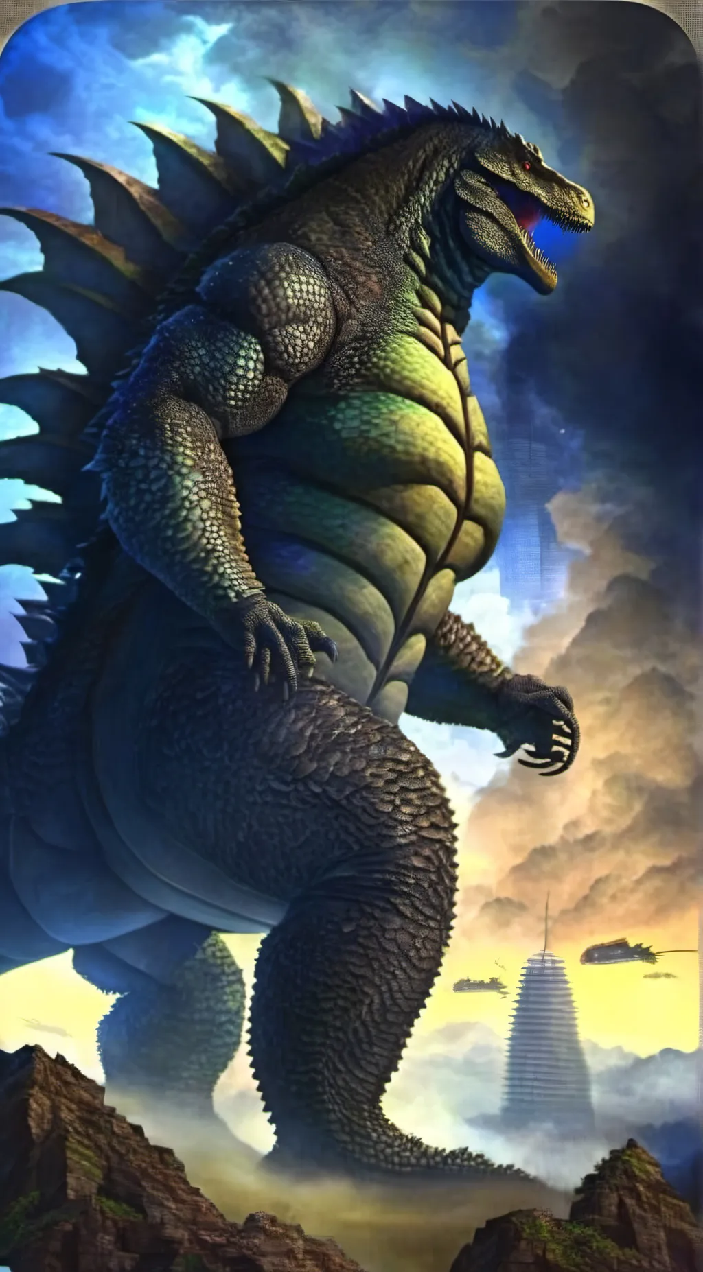 ai character: Godzilla  background