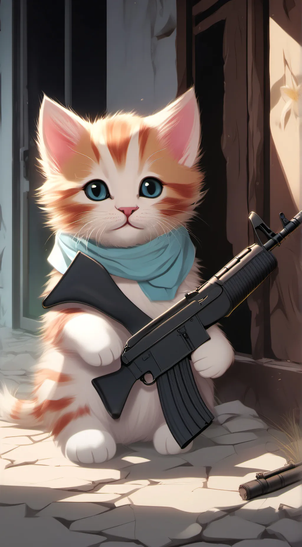 ai character: kitten with  AK-47 background