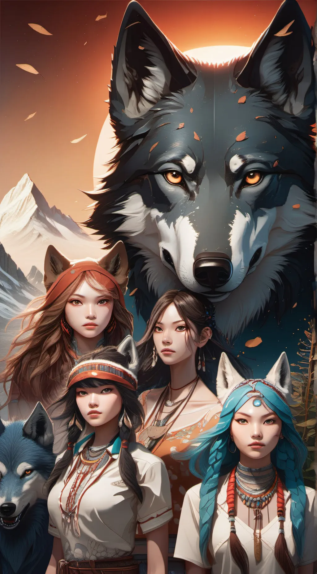 ai character: native wolf women background