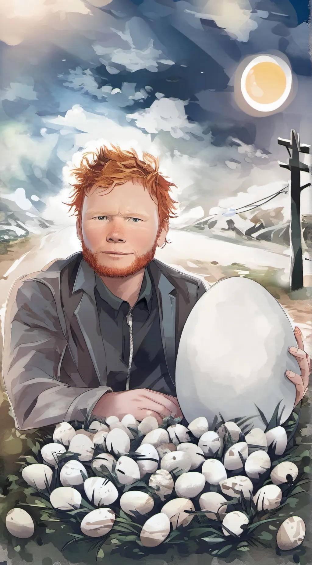 ai character: EGG SHEERAN  background
