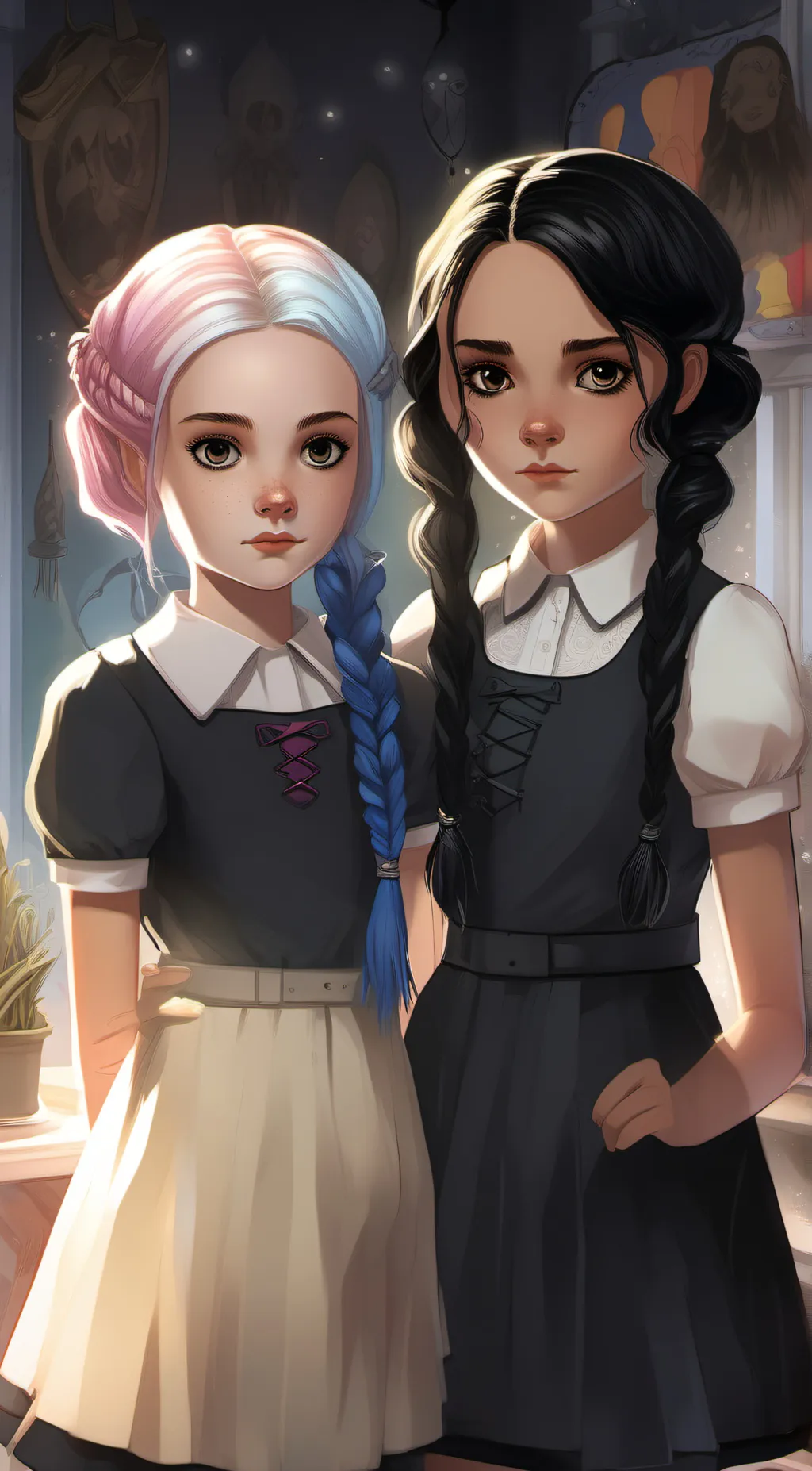 ai character: enid and wednesday background