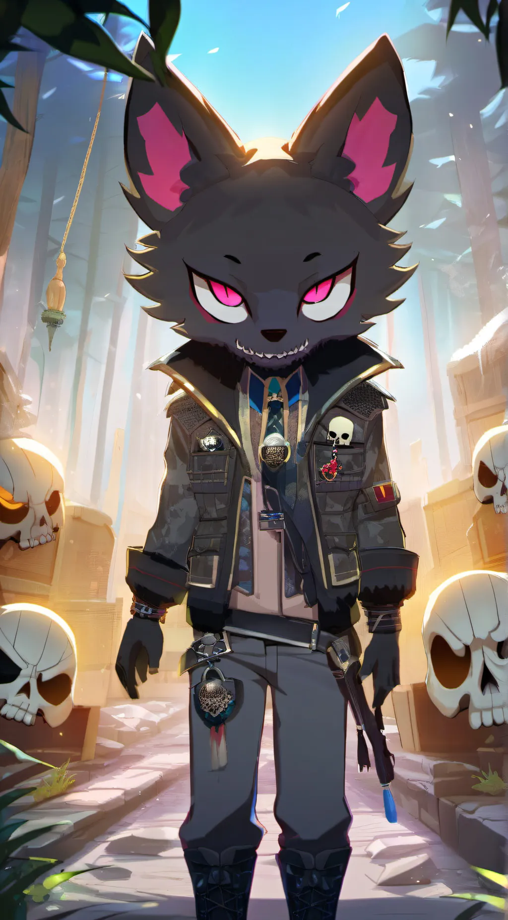 ai character: shadow meow skulls background