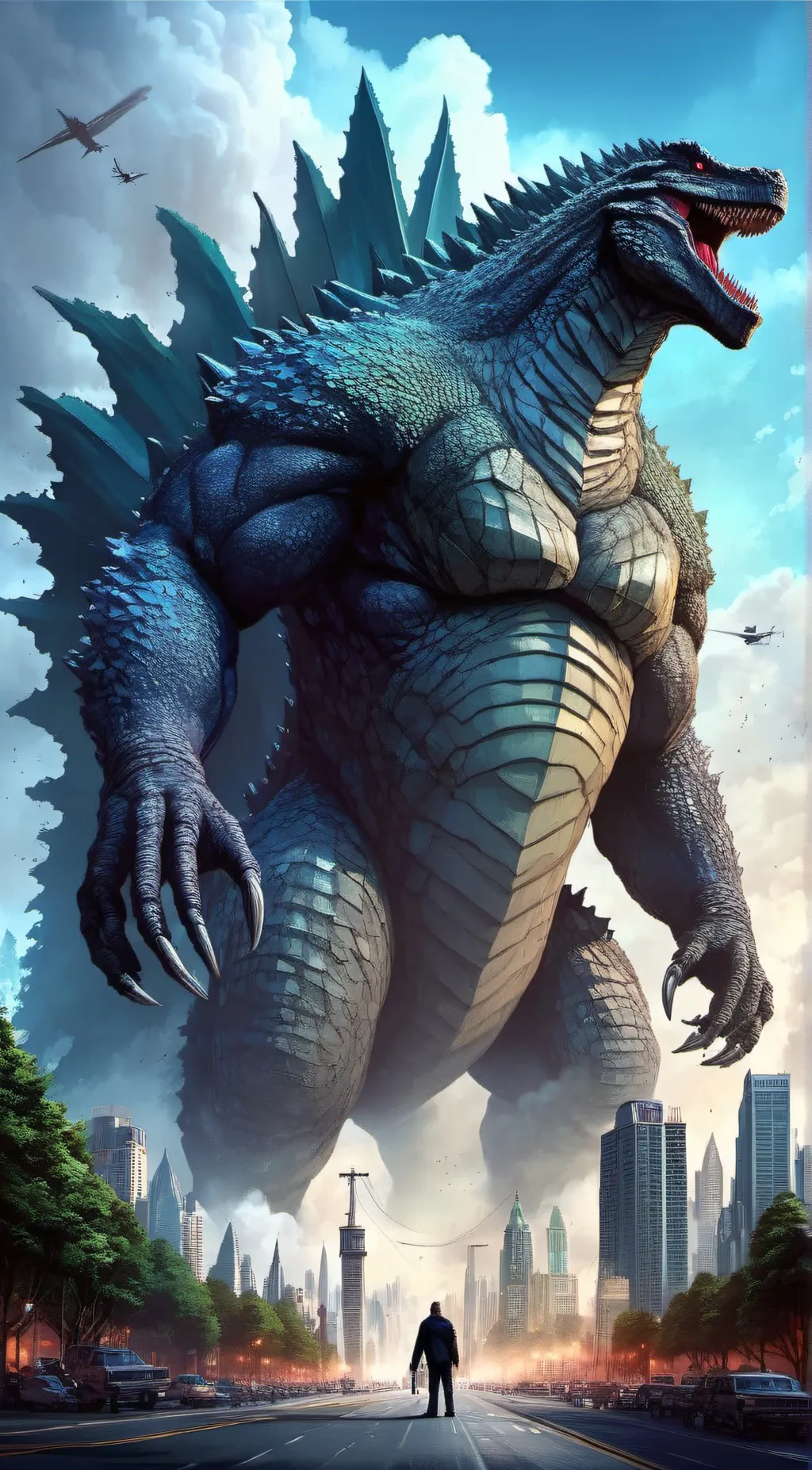 ai character: Godzilla  background