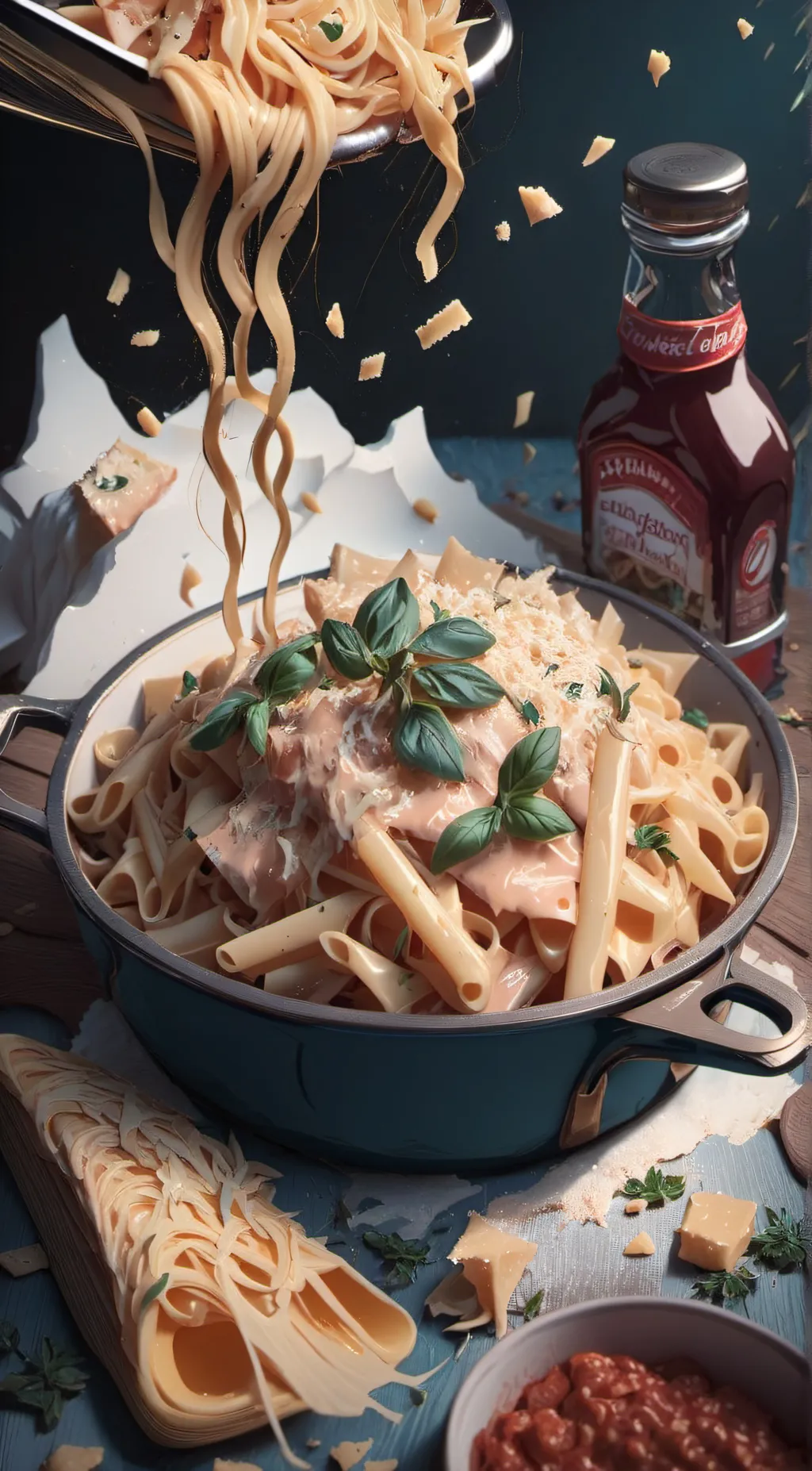 ai character: Cheesy pasta. background