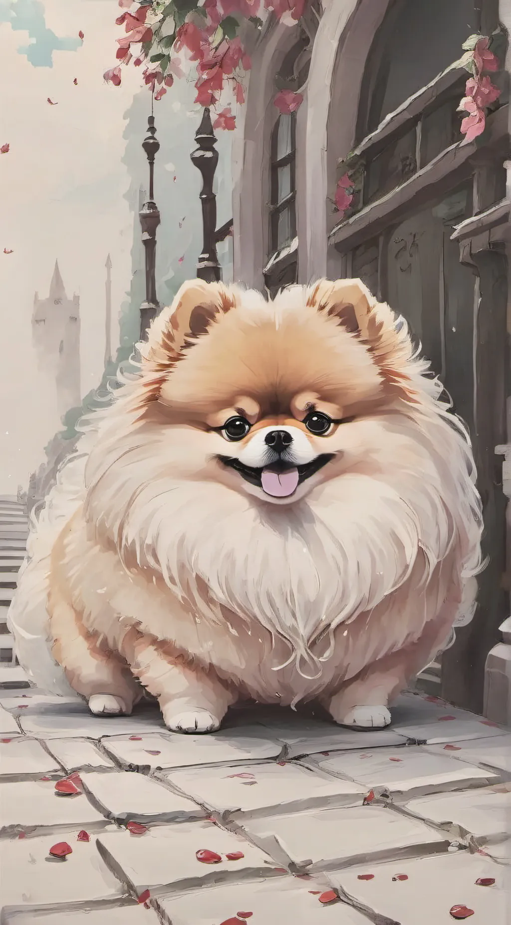 ai character: Fat pomeranian/San background