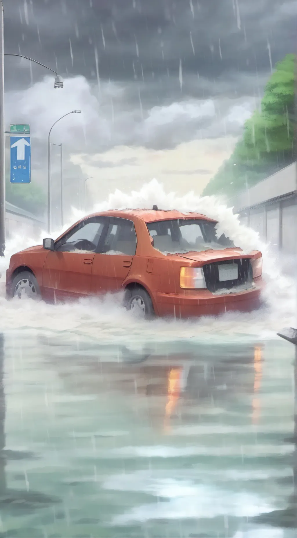 ai character: flooded car carsh? background