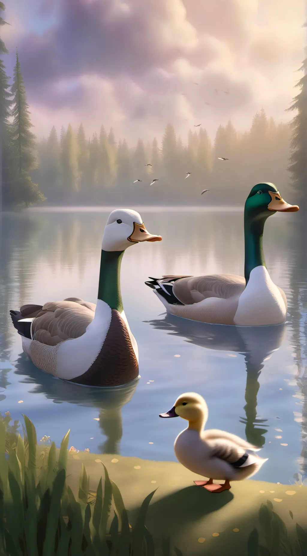 ai character: Duck, 2 goose, background