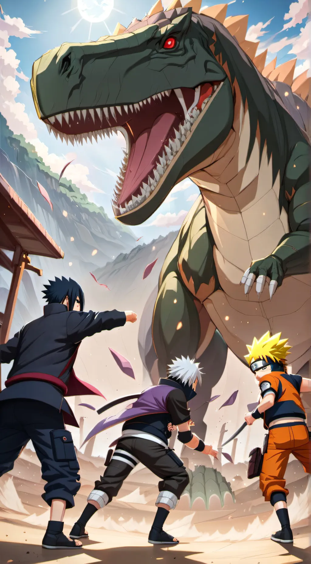 ai character: Team 7 vs dinosaur background