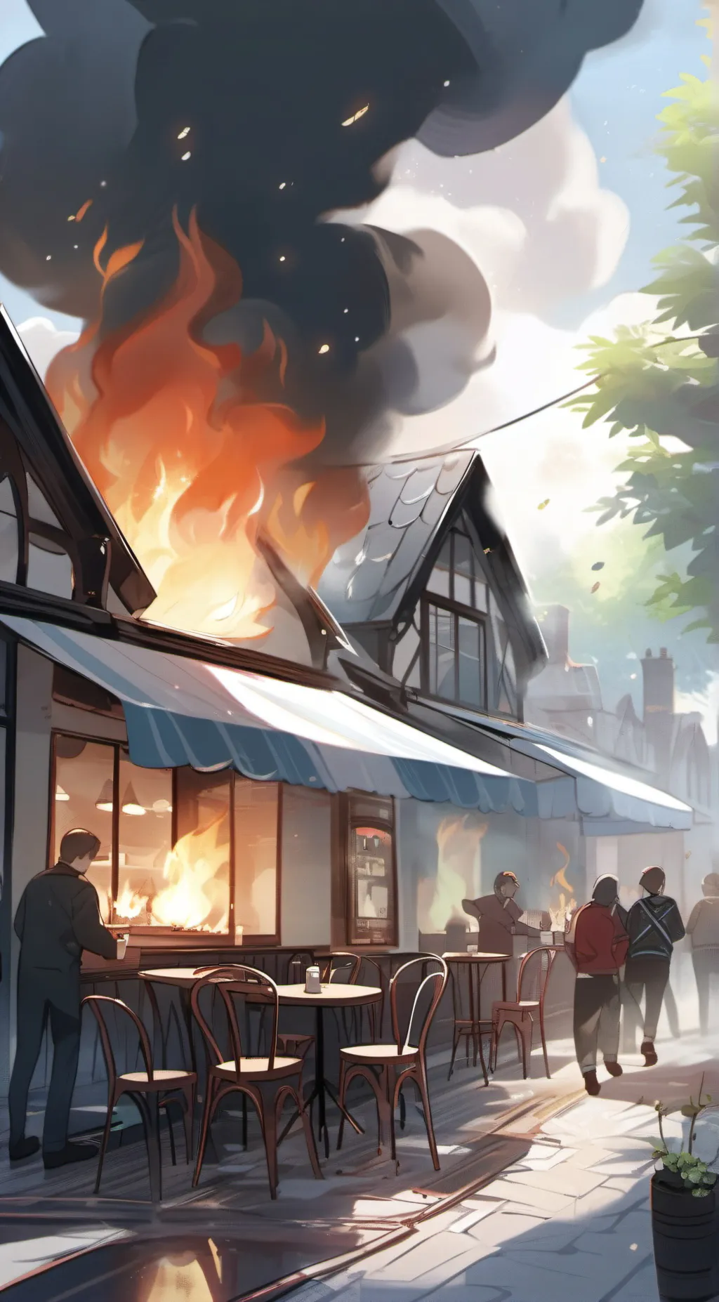 ai character: cafe on fire  background