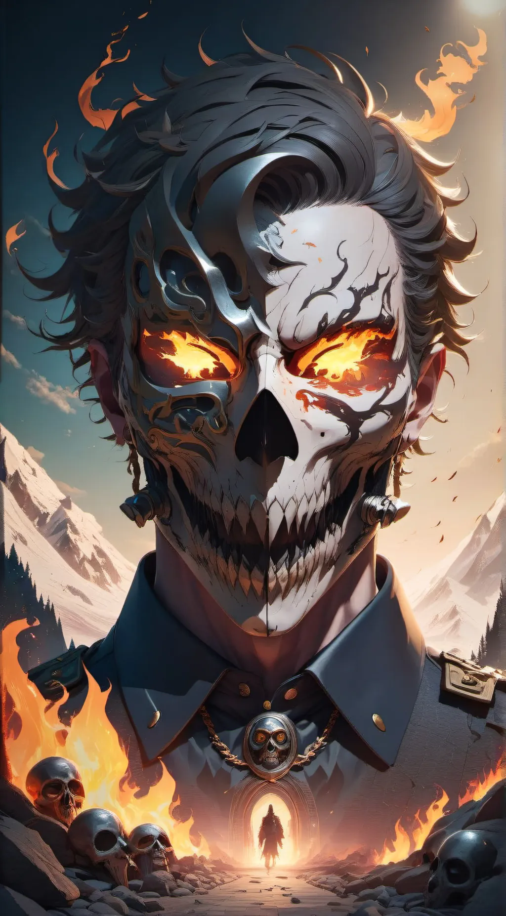 ai character: Flamimg skull background