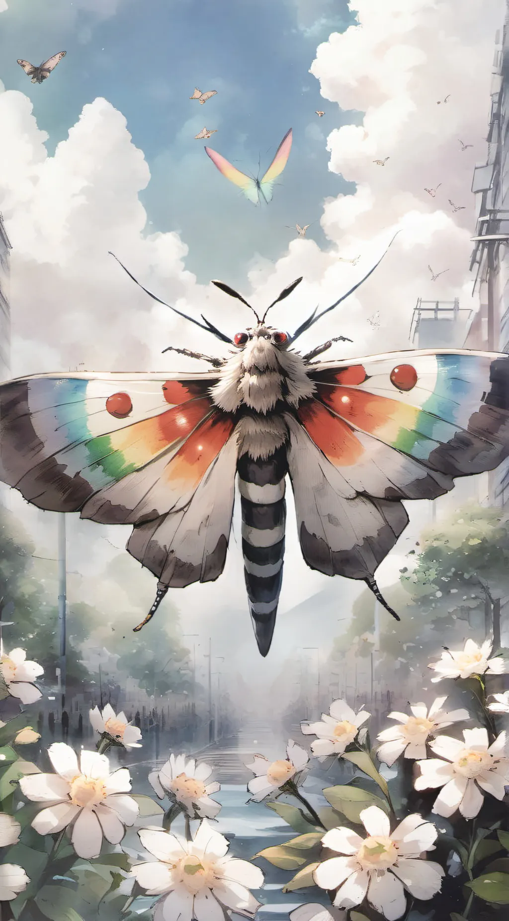 ai character: Rainbow mothra background