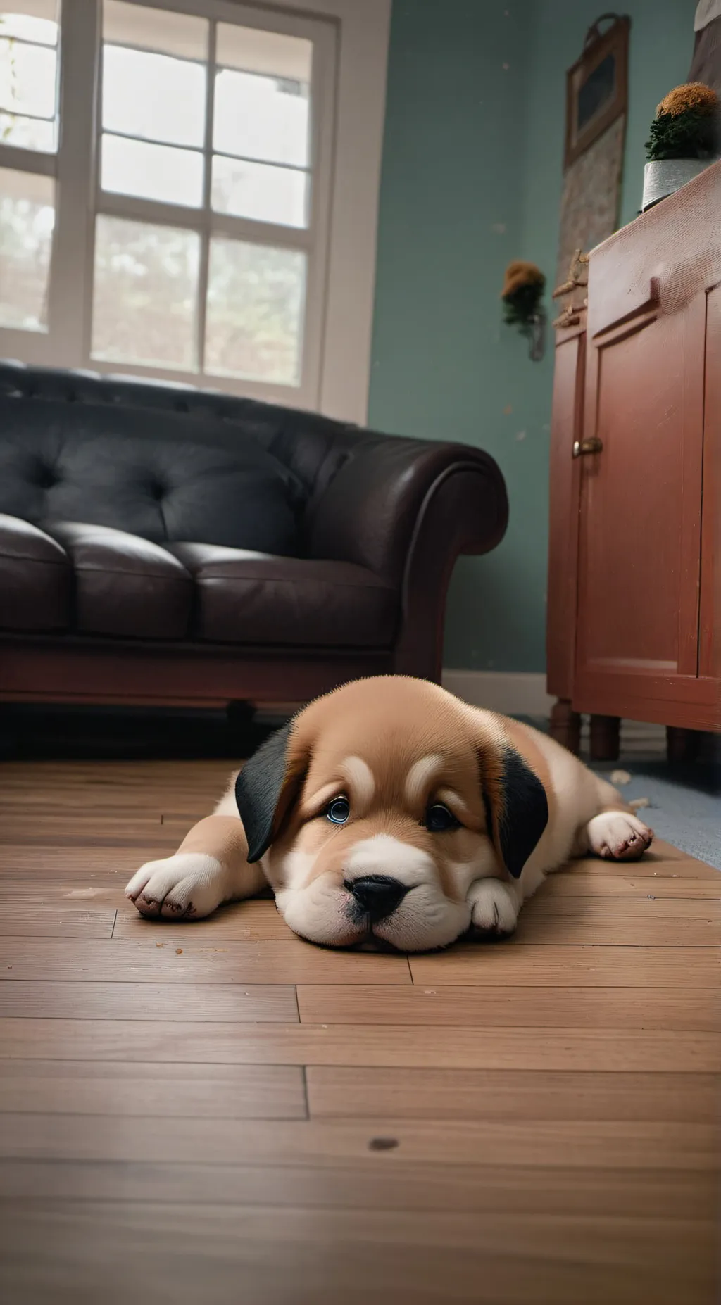 ai character: chubby brused dog background