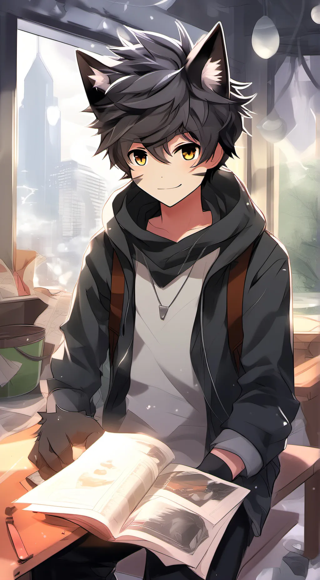 ai character: Damien (cat bf)  background