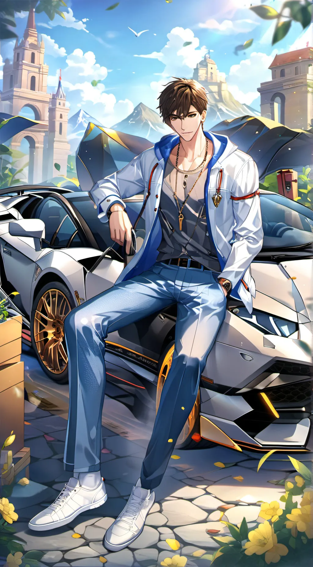 ai character: Man sits on car background