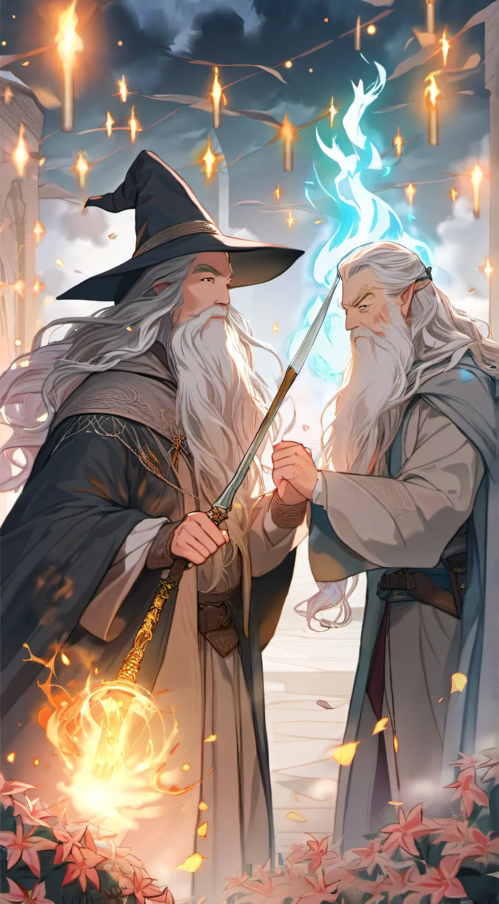 ai character: Gandalf vdumbledor background