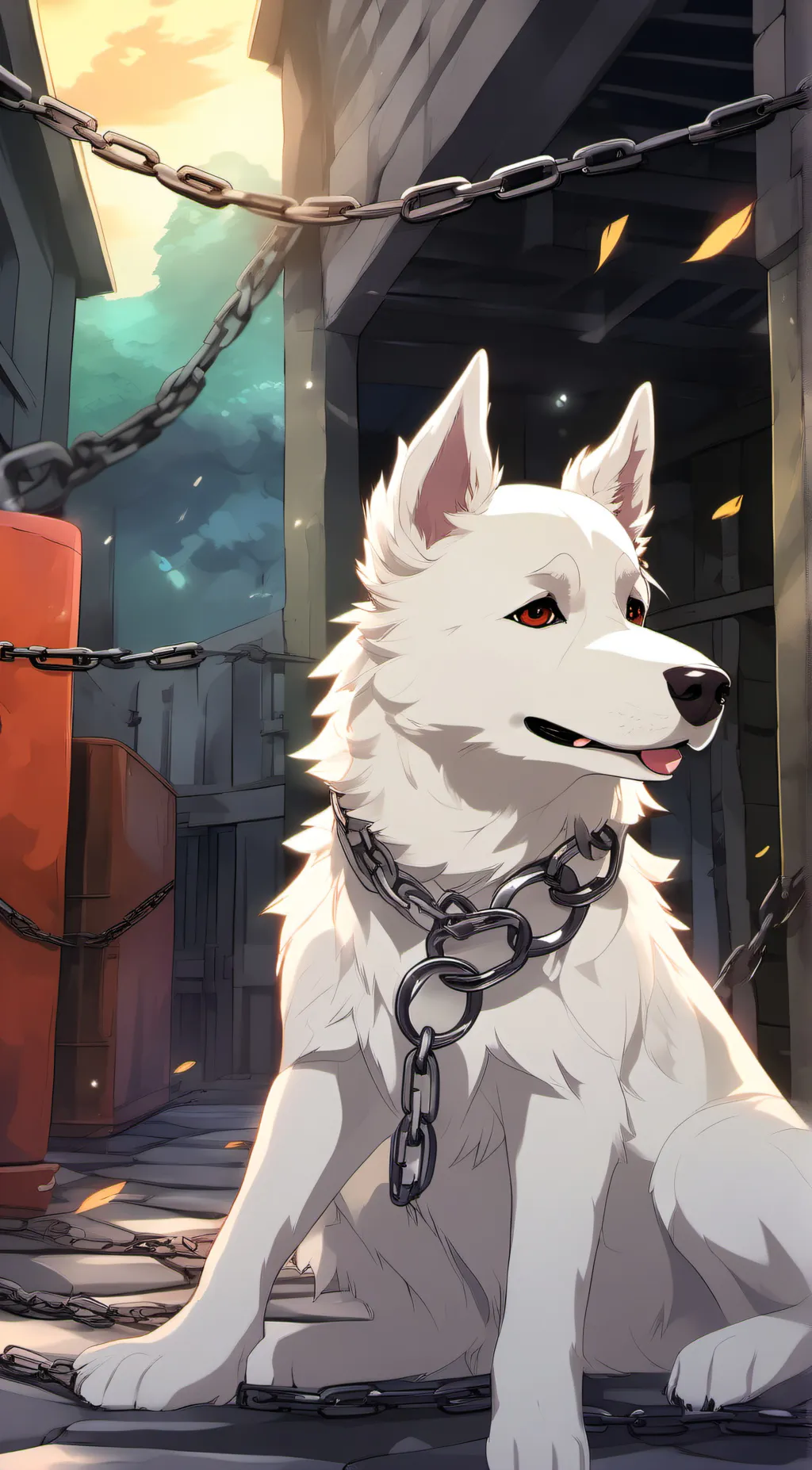 ai character: chained dog background
