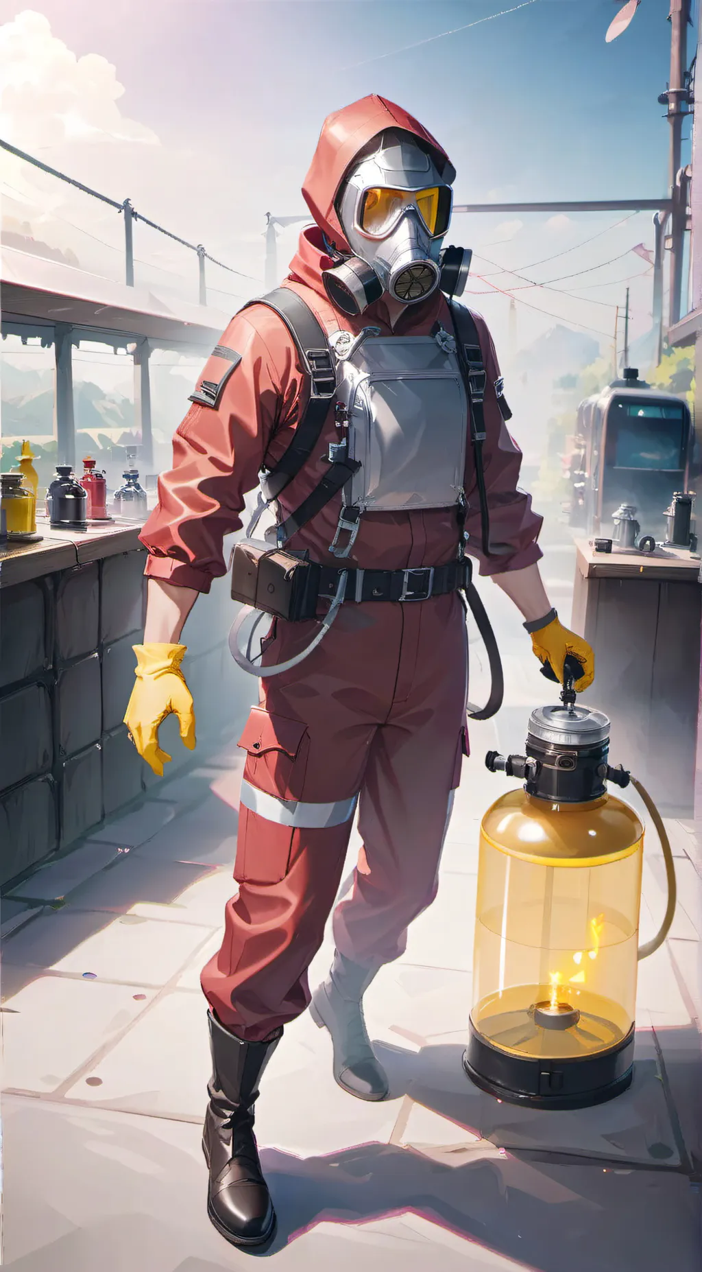 ai character: gas mask roomV2 background