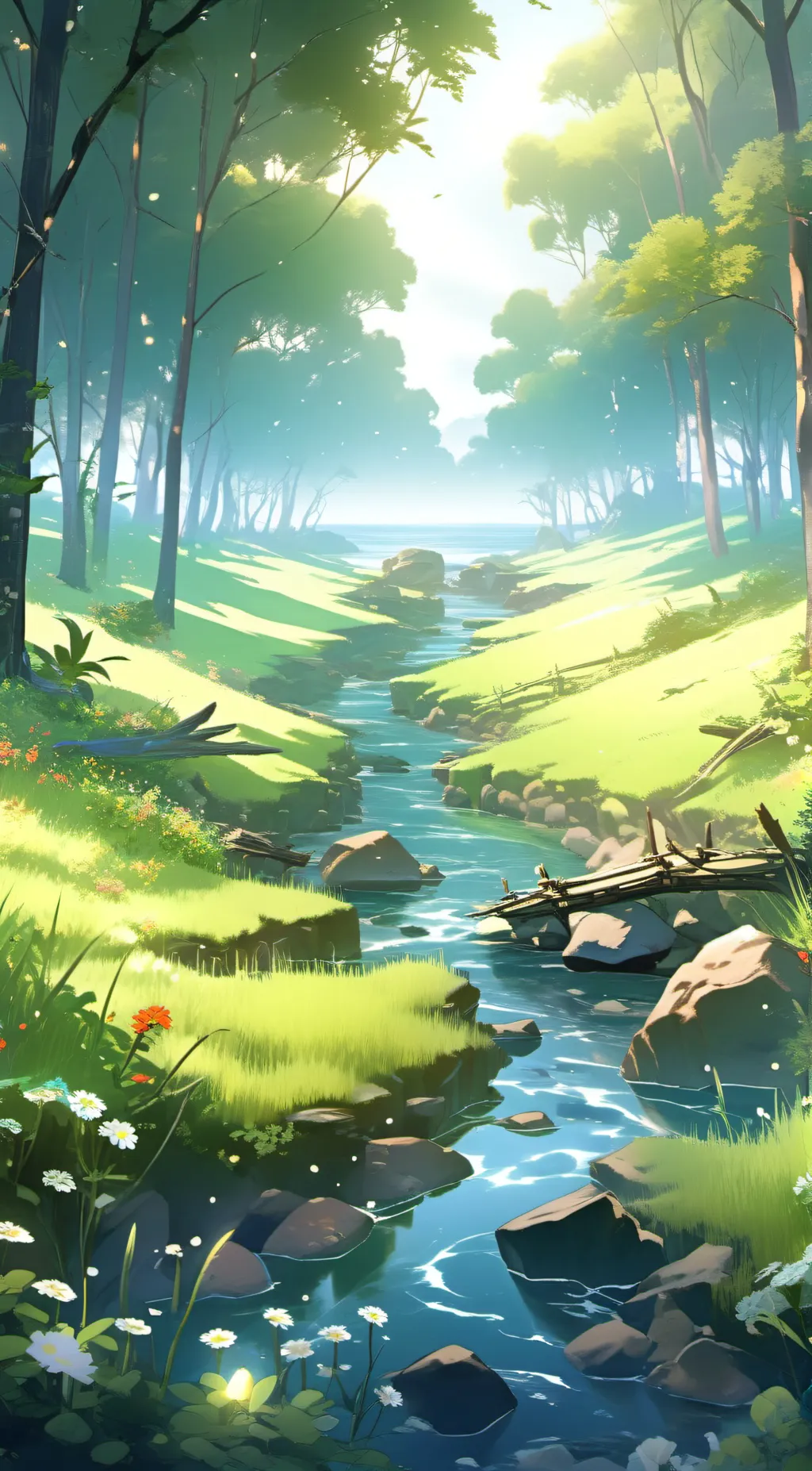 ai character: grass and river background