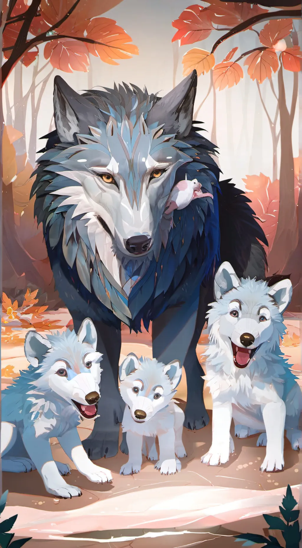 ai character: mother wolf  pup background