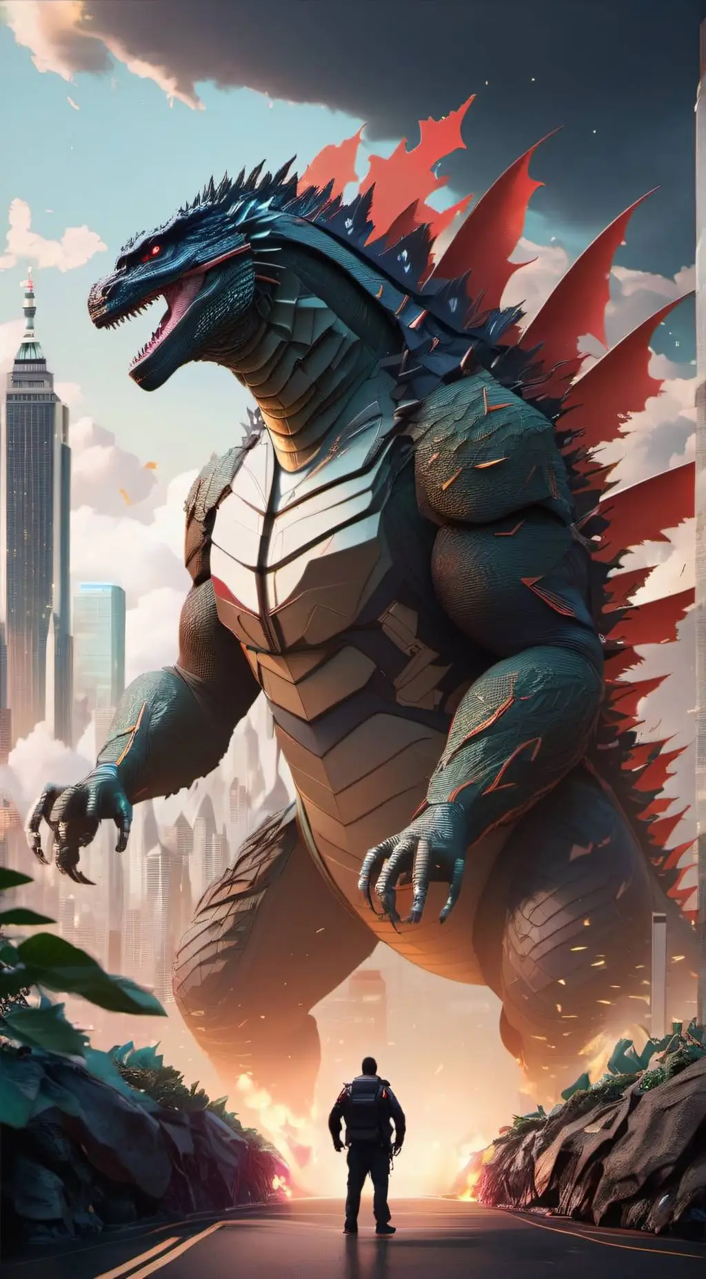 ai character: godzilla  background