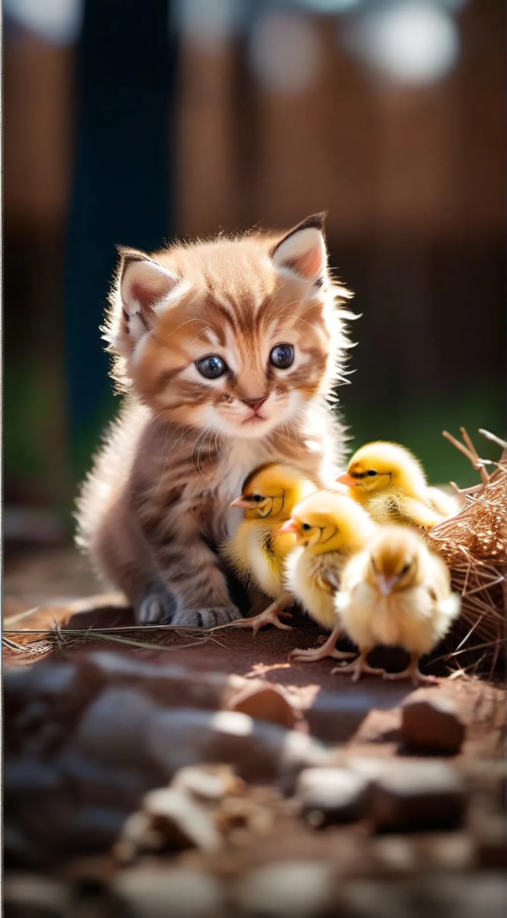 ai character: kitten and chicks  background