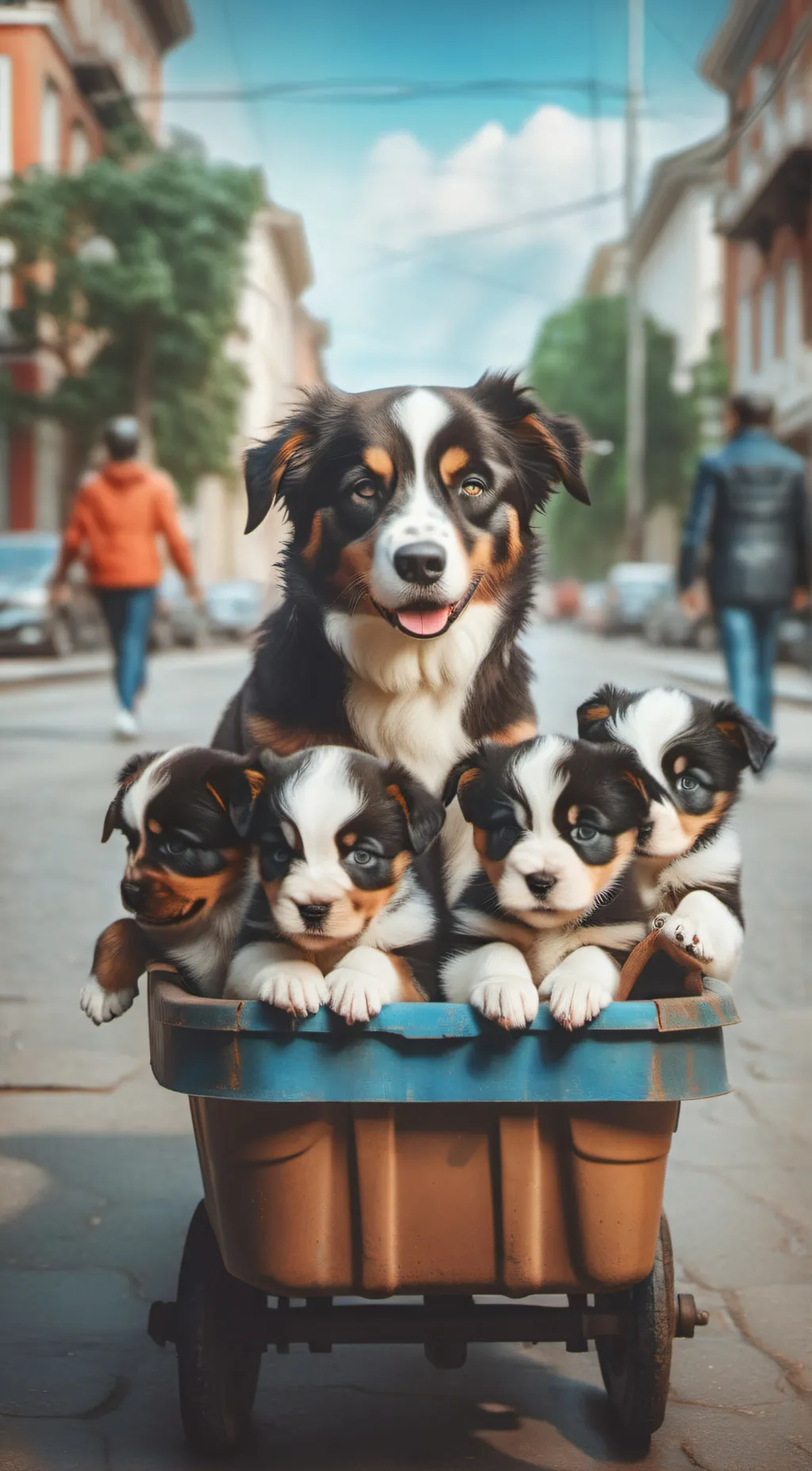 ai character: puppies and mama  background