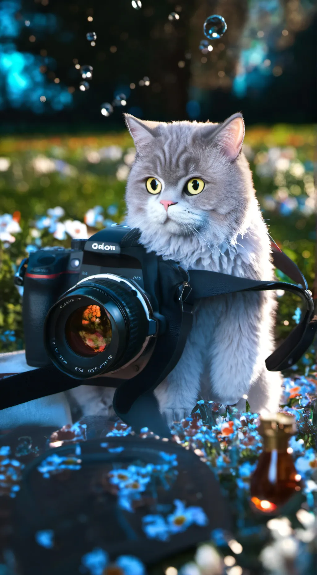 ai character: cat with camera background