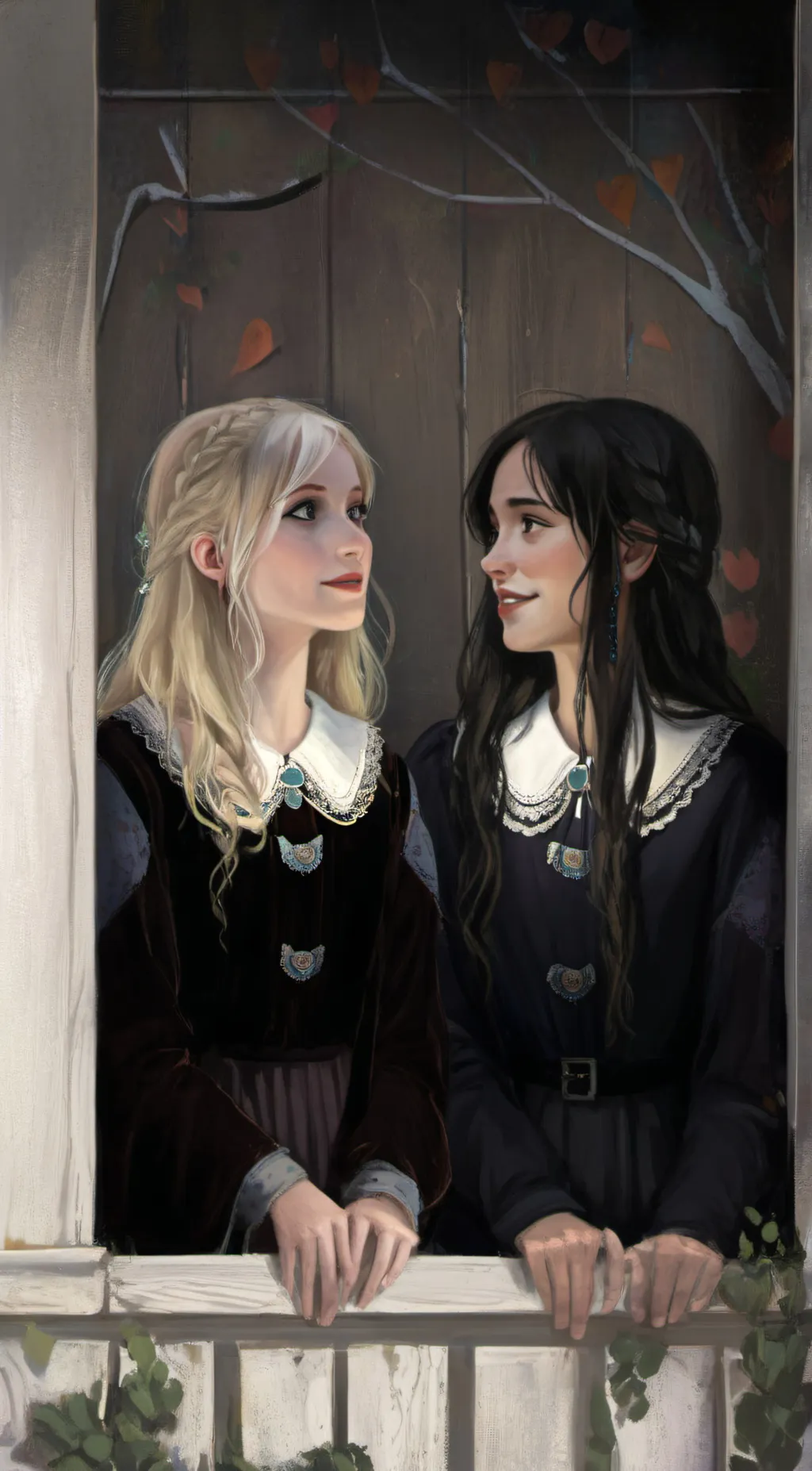 ai character: Enid and Wednesday background