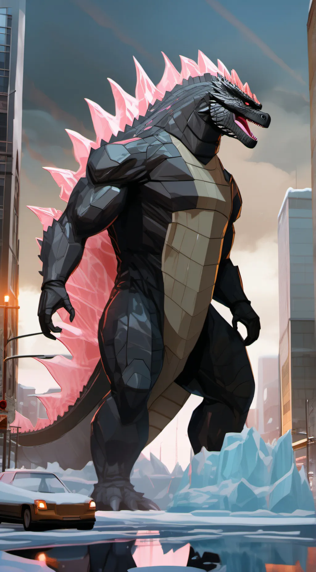 ai character: Godzilla  2024 background