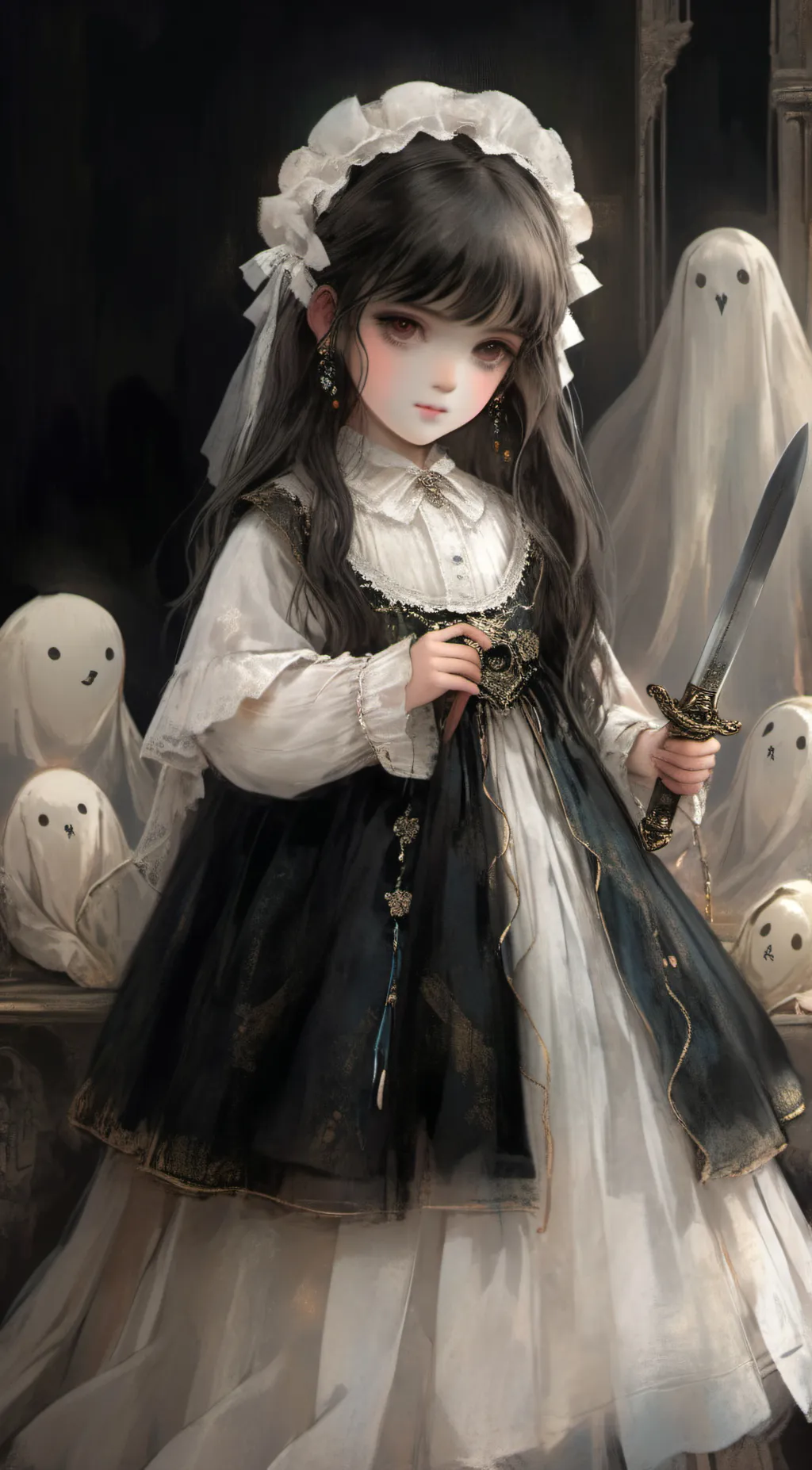 ai character: little ghost girl background