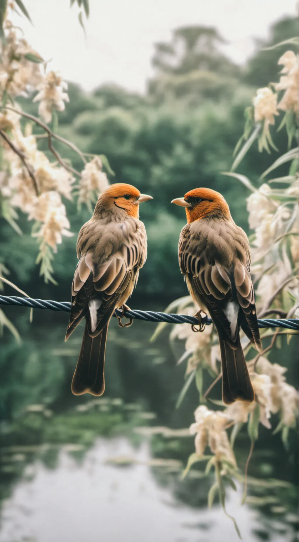 ai character: 2 birds on a wire background