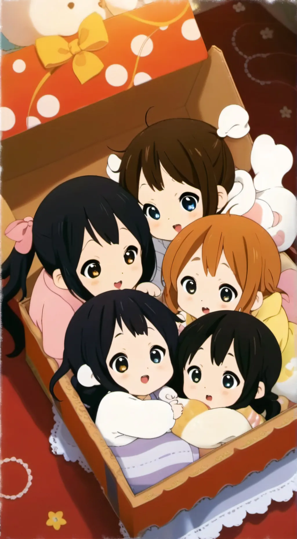 ai character: 5 baby cat girls  background