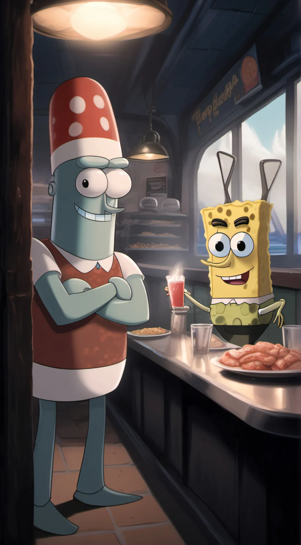 ai character: Spongebob Mr Krabs background