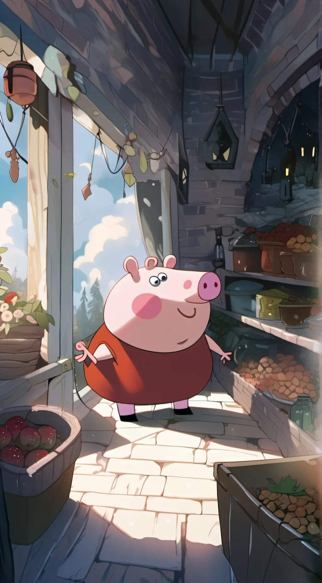ai character: peppa in a shop. background