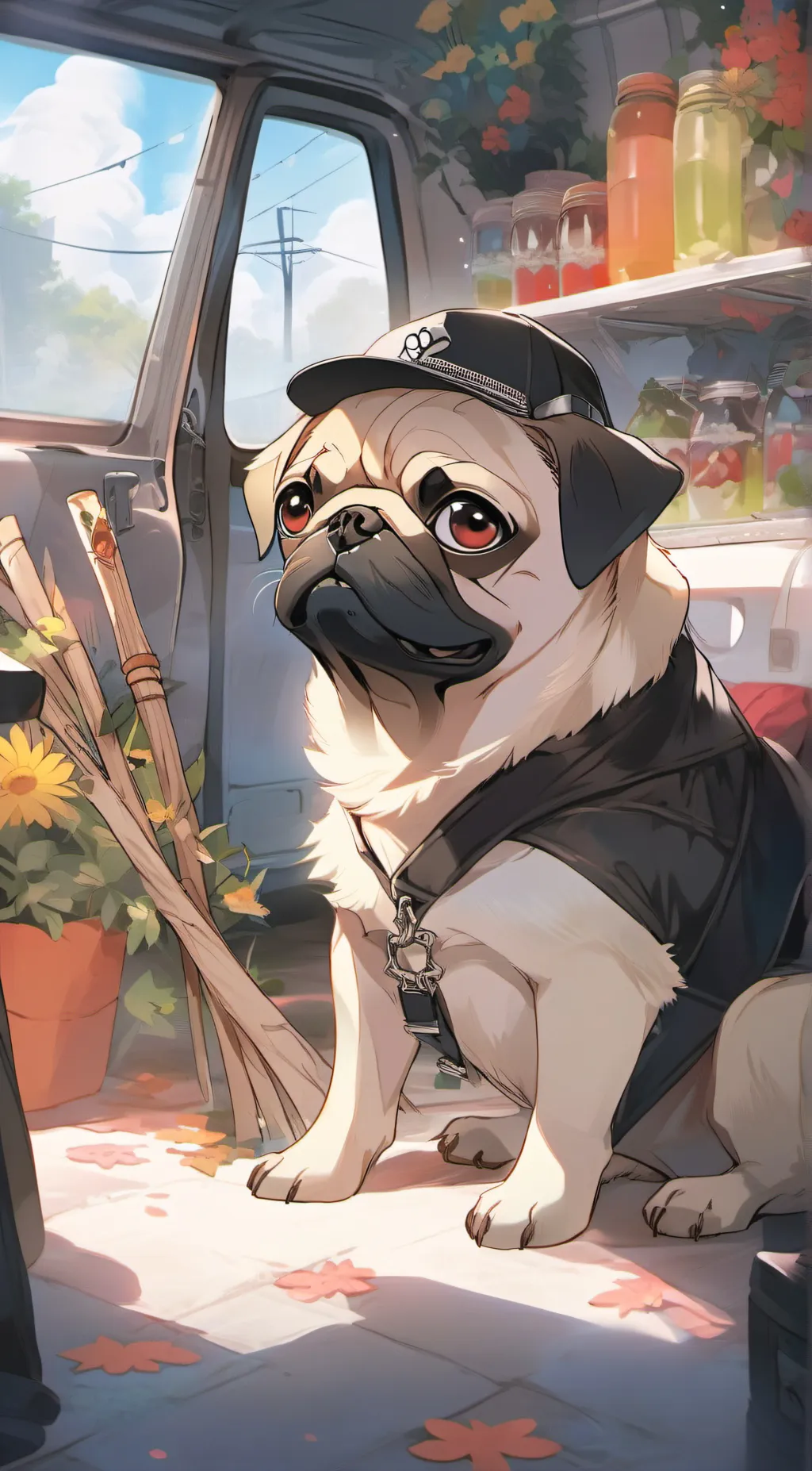 ai character: Pug seller background