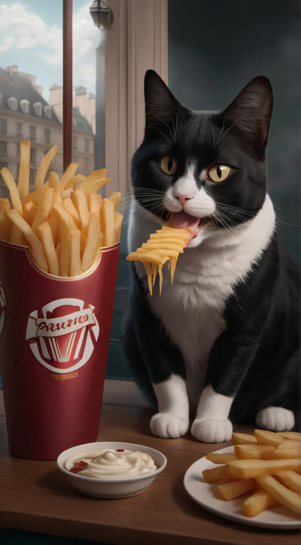 ai character: tuxy french fry background