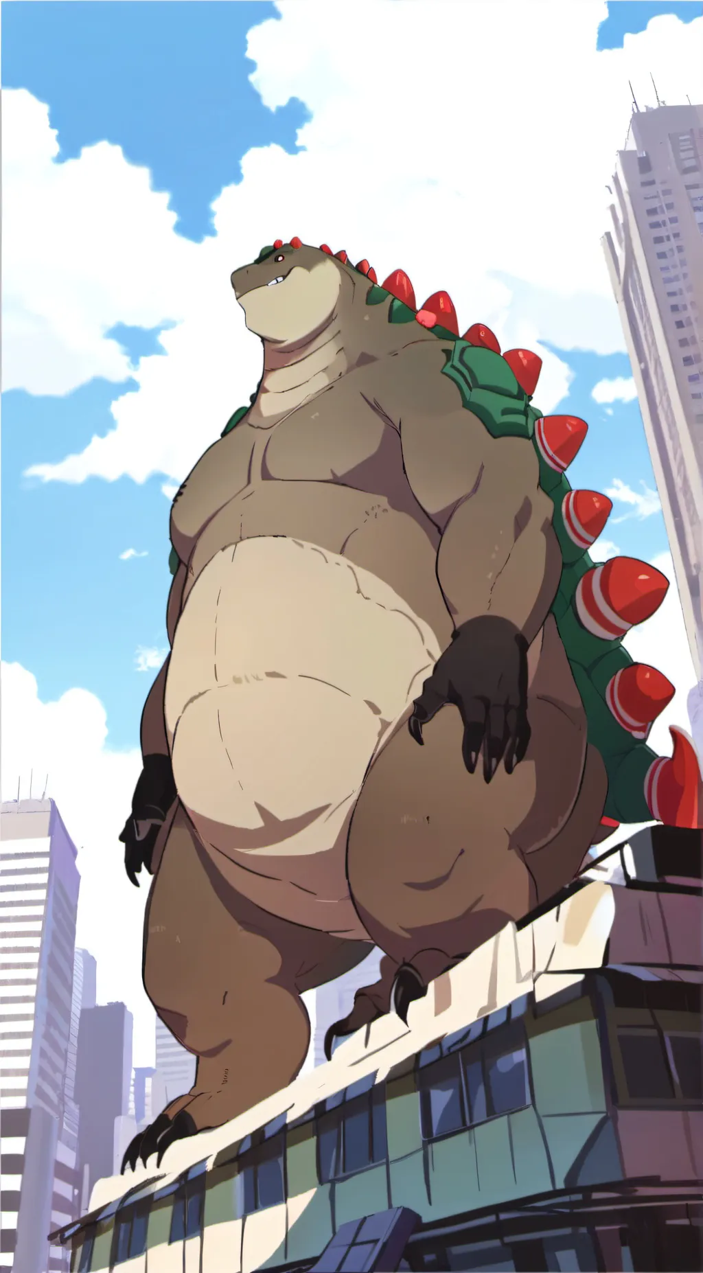 ai character: fat Godzilla  background