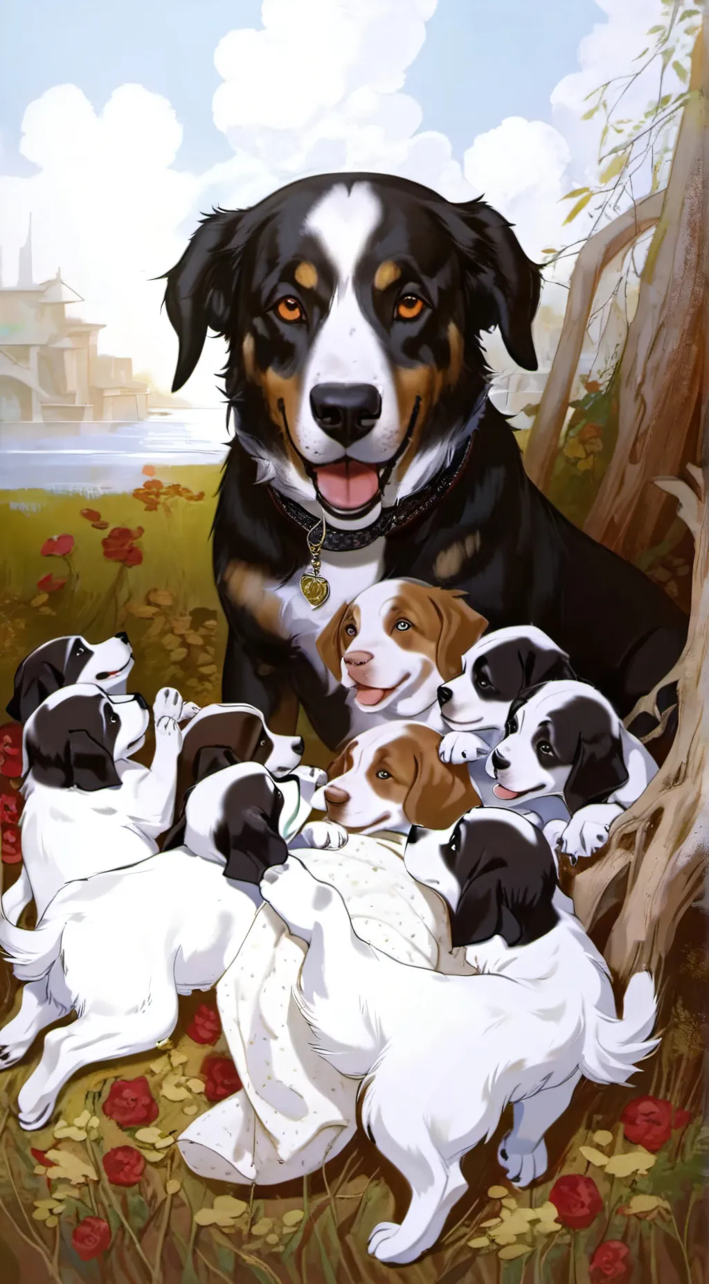 ai character: Mom and puppies  background