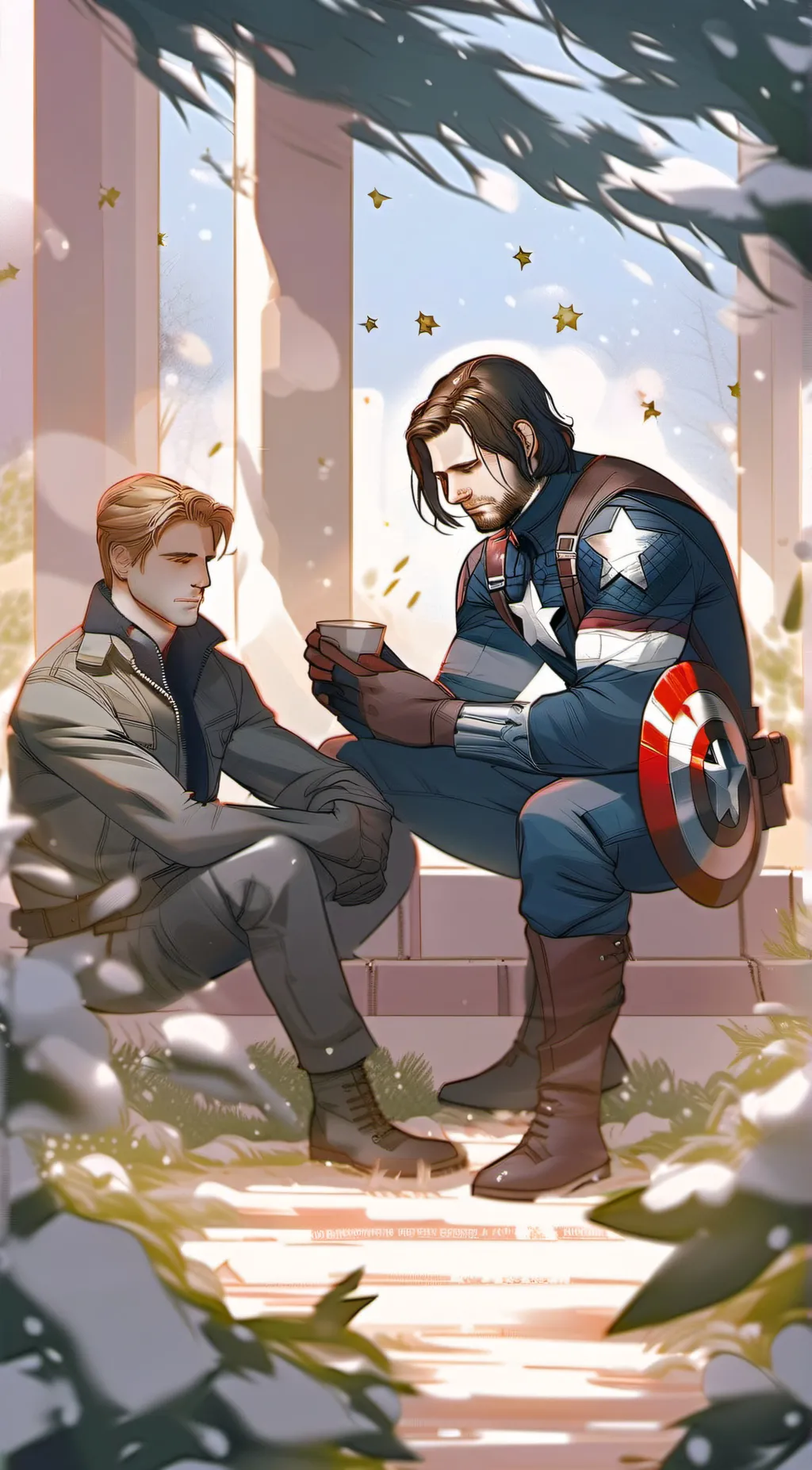 ai character: Steve and Bucky  background