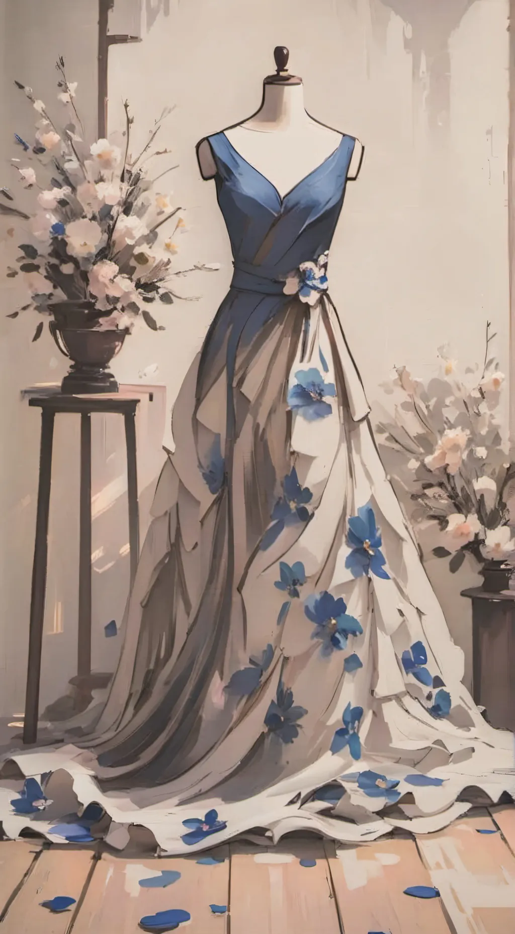 ai character: blue dress background