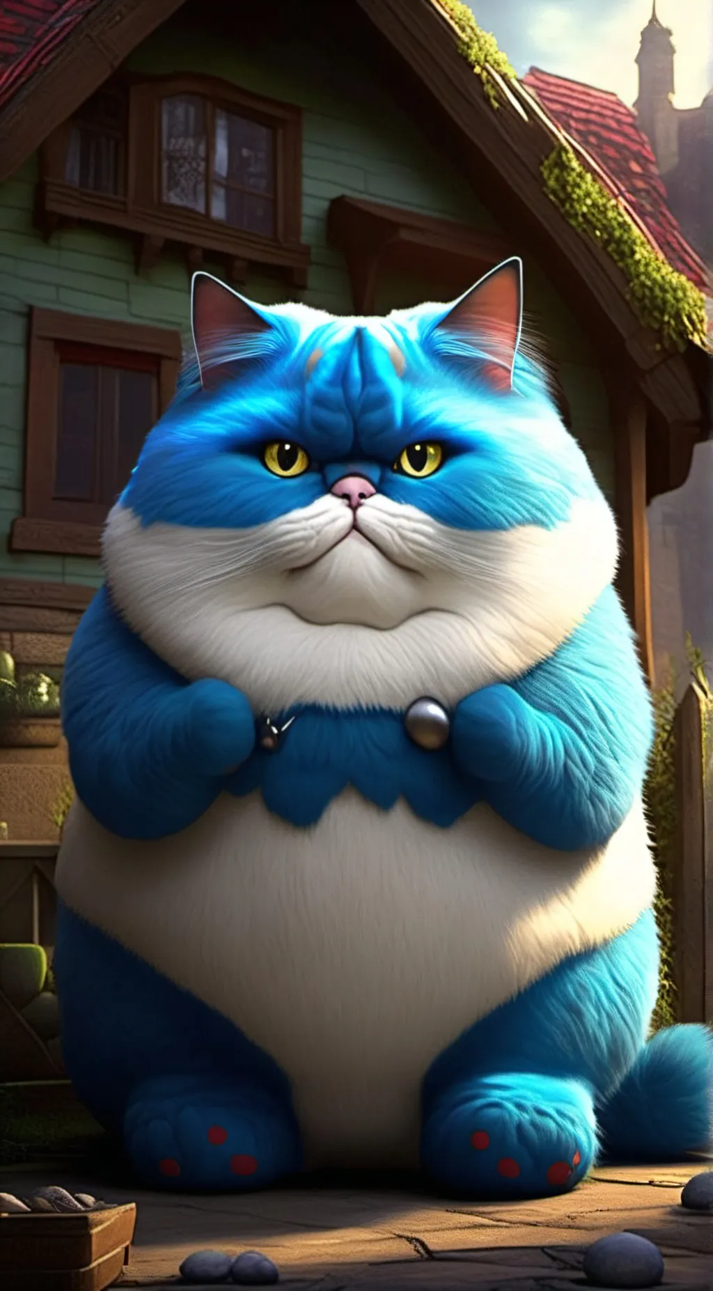 ai character: fat  Smurf cat background