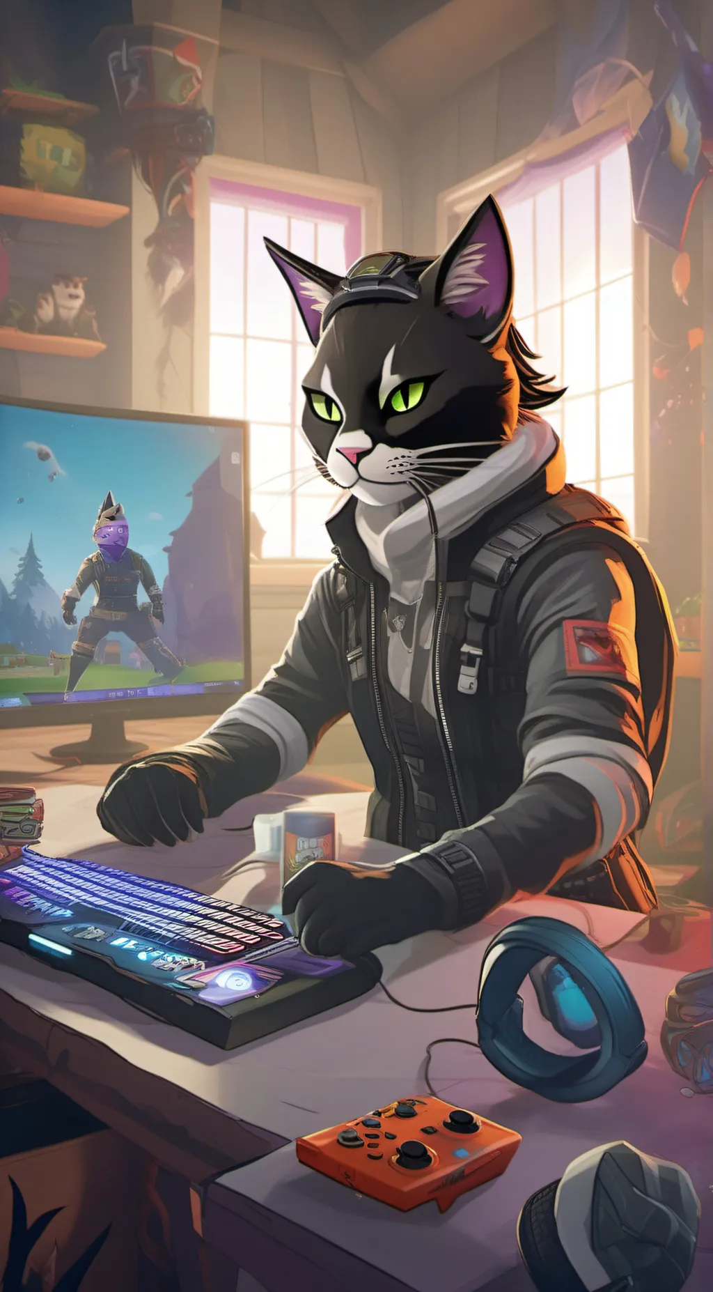 ai character: gamer cat(tom) background
