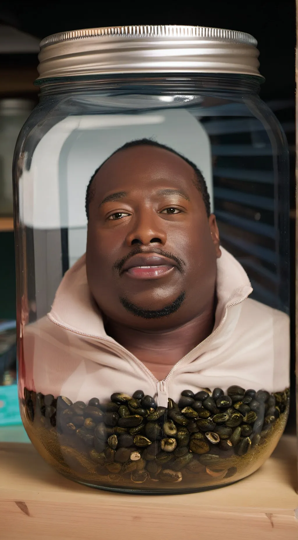 ai character: Head in a jar background