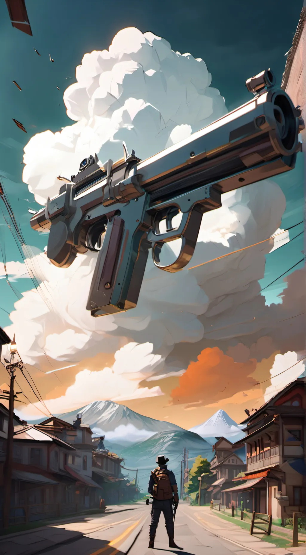 ai character: Gun cloud background