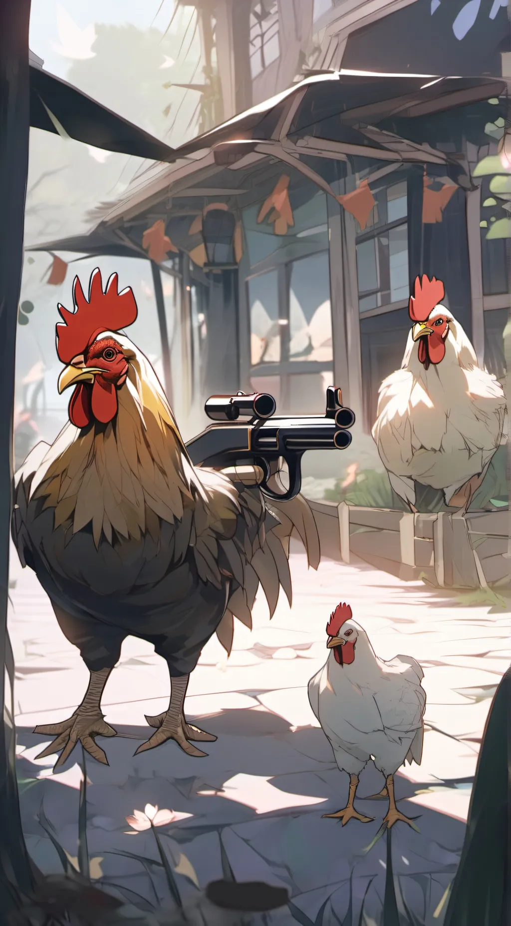 ai character: chicken with a gun background