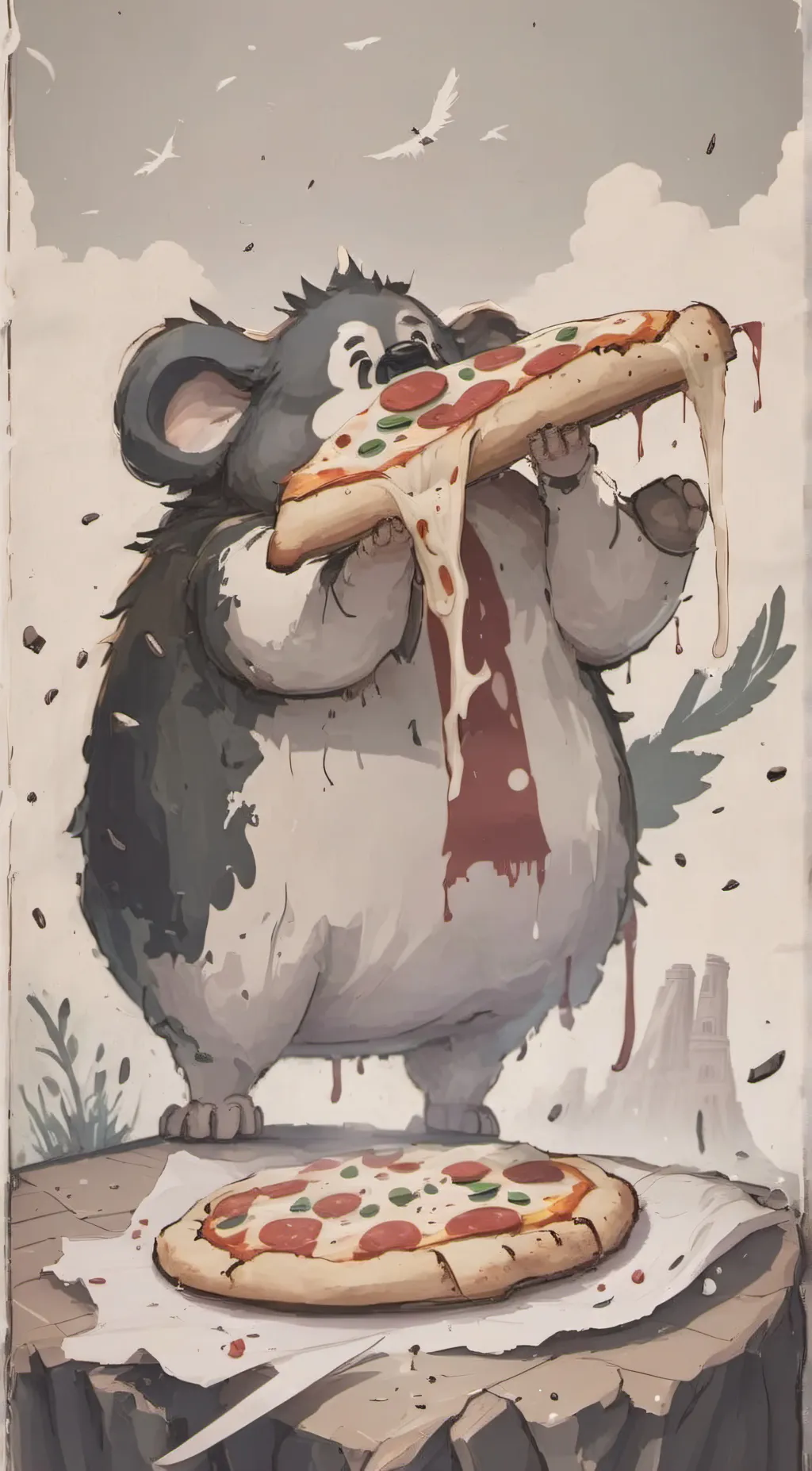 ai character: I ATE YOUR PIZZA background